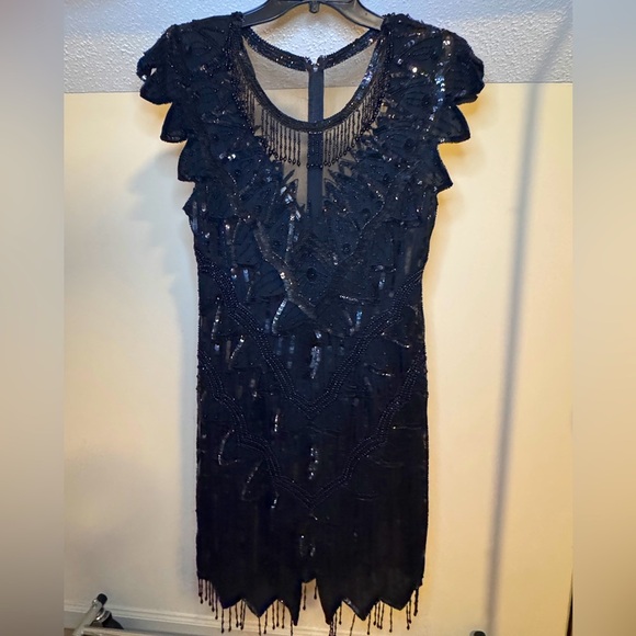 Vintage LAURENCE KAZAR Embellished Beaded Fringe Hem w/ Sequin 100% Silk Dress - Picture 1 of 12
